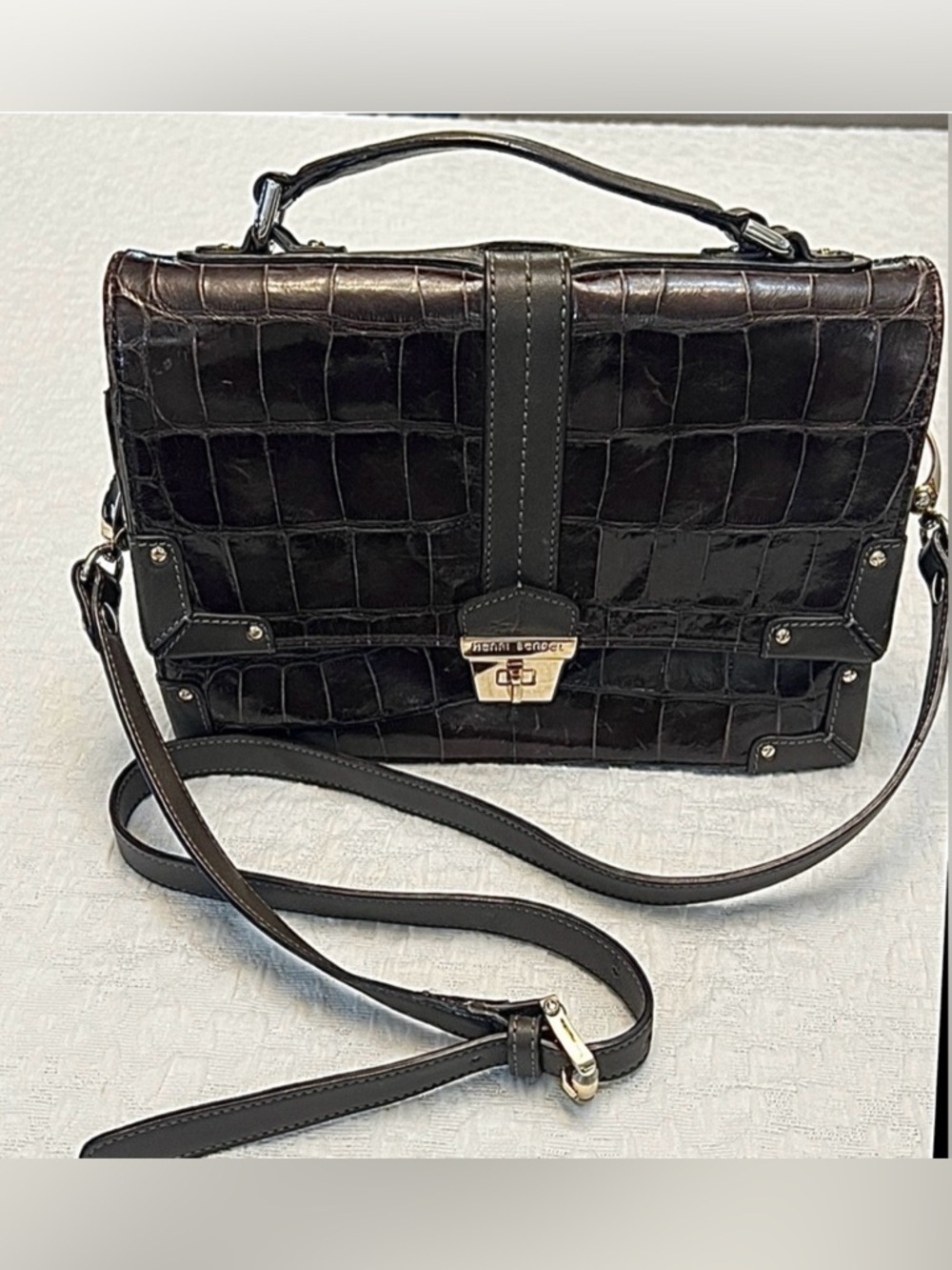 VINTAGE HENRI BENDEL LEATHER CROCODILE EMBOSSED FLAP OVER CLUTCH CROSSBODY BAG